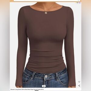 NWT Ekouaer Amazon Boat Neck Rouched Long Sleeve - Brown - XS